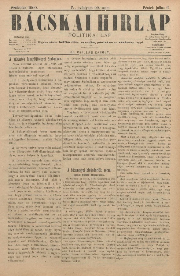 Bácskai Hirlap, 4. évf. 1900. július 6. 99. sz.