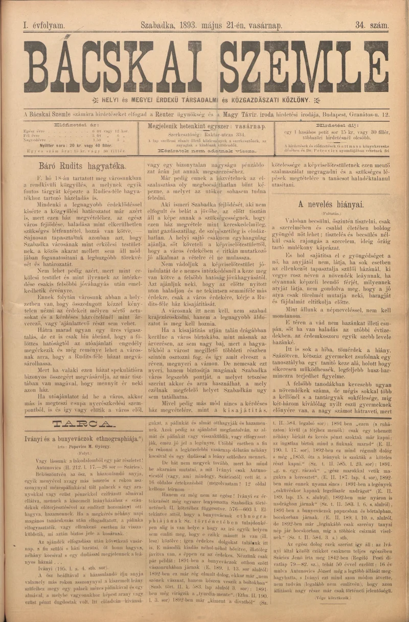 Bácskai Szemle, 1. évf. 1893. május 21. 34. sz.