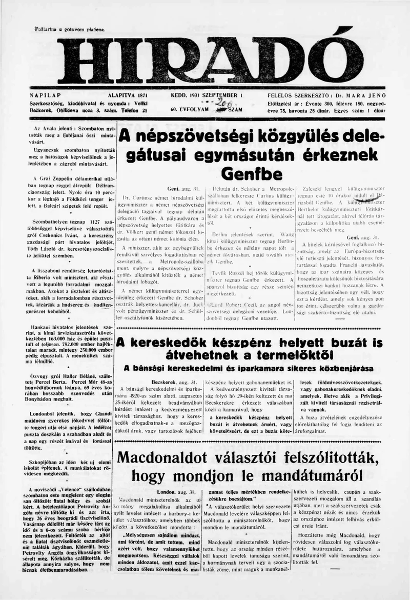 Híradó, 60. évf. 1931. szeptember 1. 200. sz.