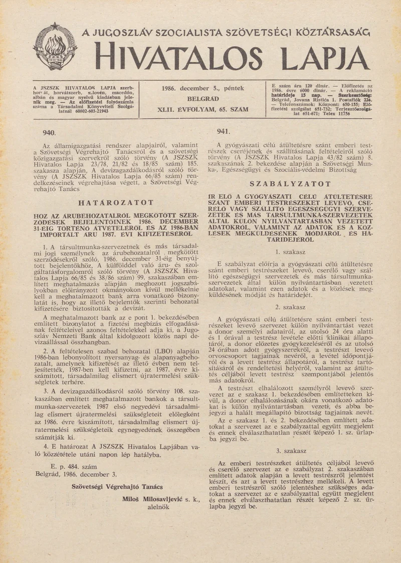 A Jugoszláv Szocialista Szövetségi Köztársaság Hivatalos Lapja, 42. évf. 1986. december 5. 65. sz. 1865–1880. oldal