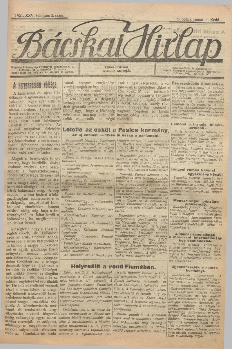 Bácskai Hirlap, 25. évf. 1921. január 4. 2. sz.