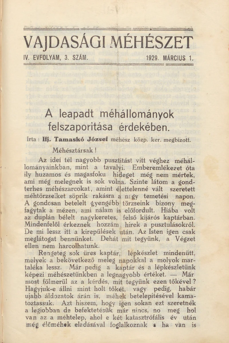 Vajdasági méhészet, 4. évf. 1929. március 1. 3. sz.