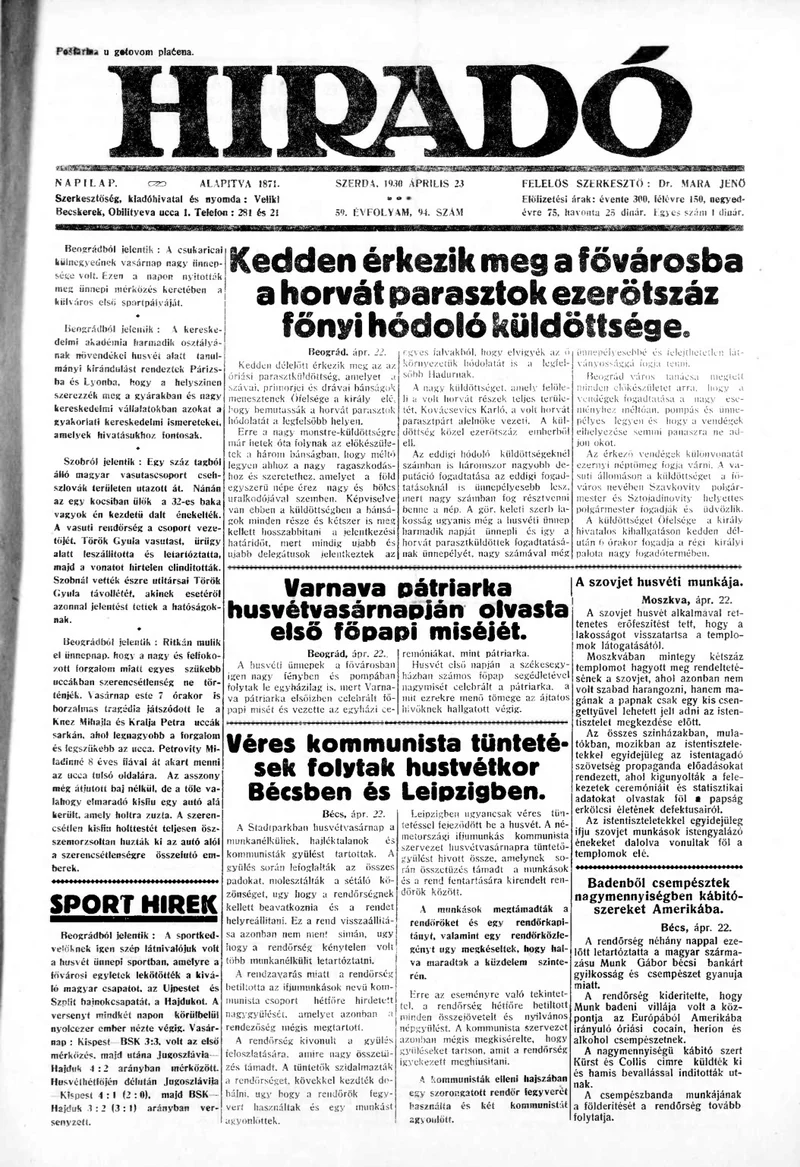 Híradó, 59. évf. 1930. április 23. 94. sz.
