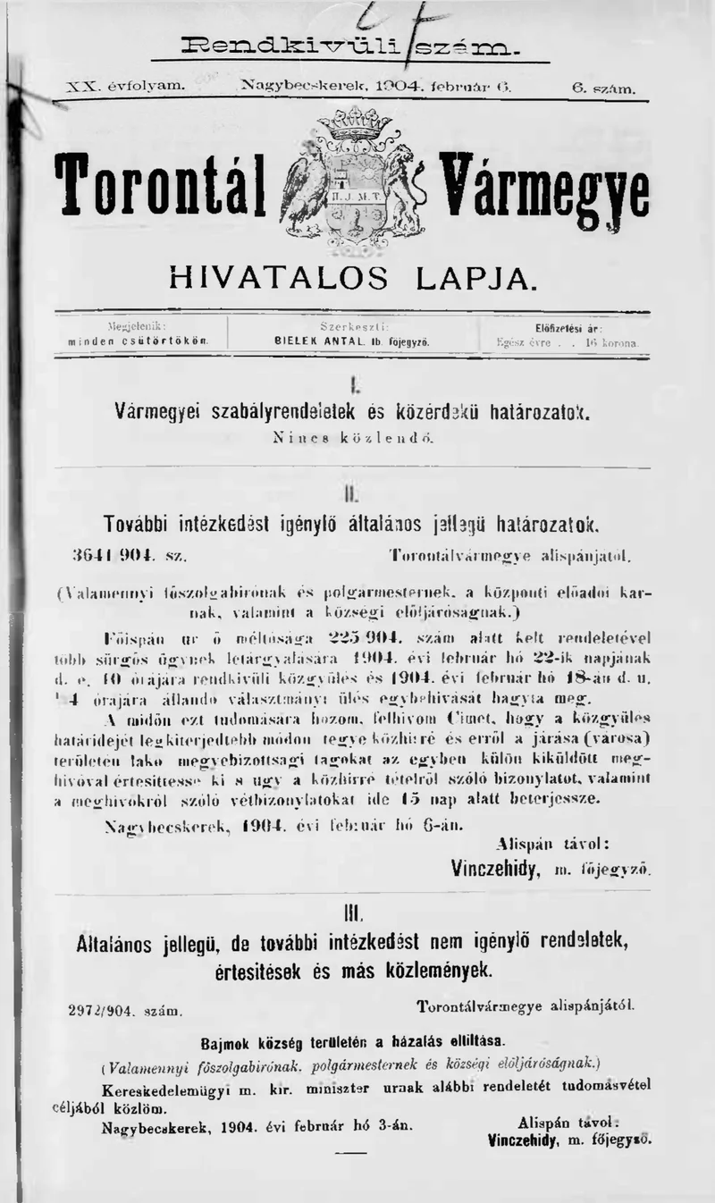 Torontál Vármegye Hivatalos Lapja, 20. évf. 1904. február 6. 6. sz.