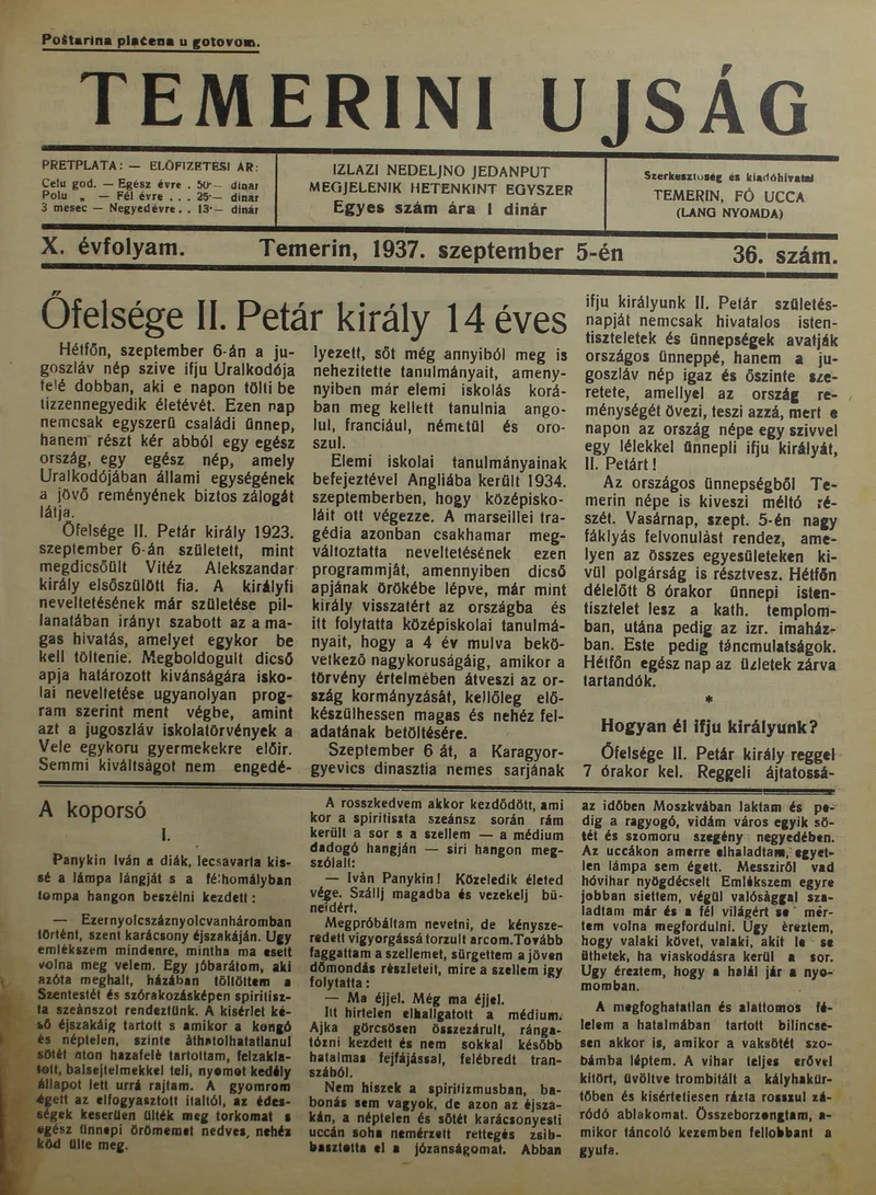 Temerini Újság 1928-1944, 10. évf. 1937. szeptember 5. 36. sz.