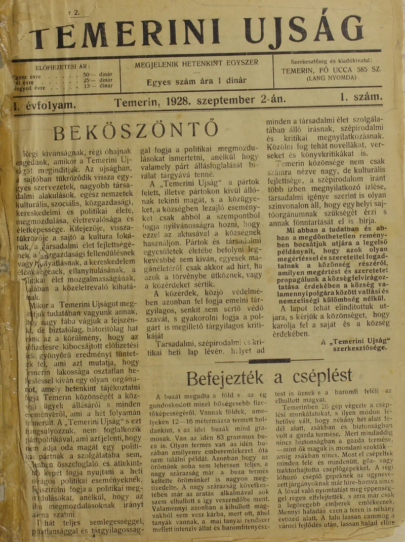 Temerini Újság 1928-1944, 1. évf. 1928. szeptember 2. 1. sz. 1–6. oldal