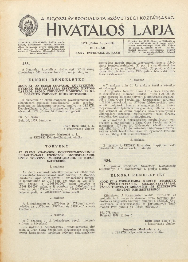 A Jugoszláv Szocialista Szövetségi Köztársaság Hivatalos Lapja, 35. évf. 1979. június 8. 26. sz. 817–864. oldal