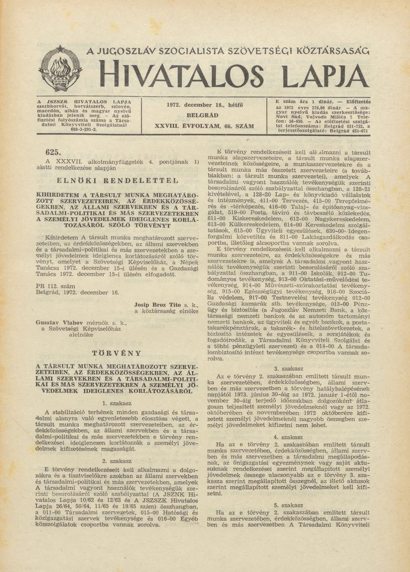 A Jugoszláv Szocialista Szövetségi Köztársaság Hivatalos Lapja, 28. évf. 1972. december 18. 66. sz. 1249–1252. oldal