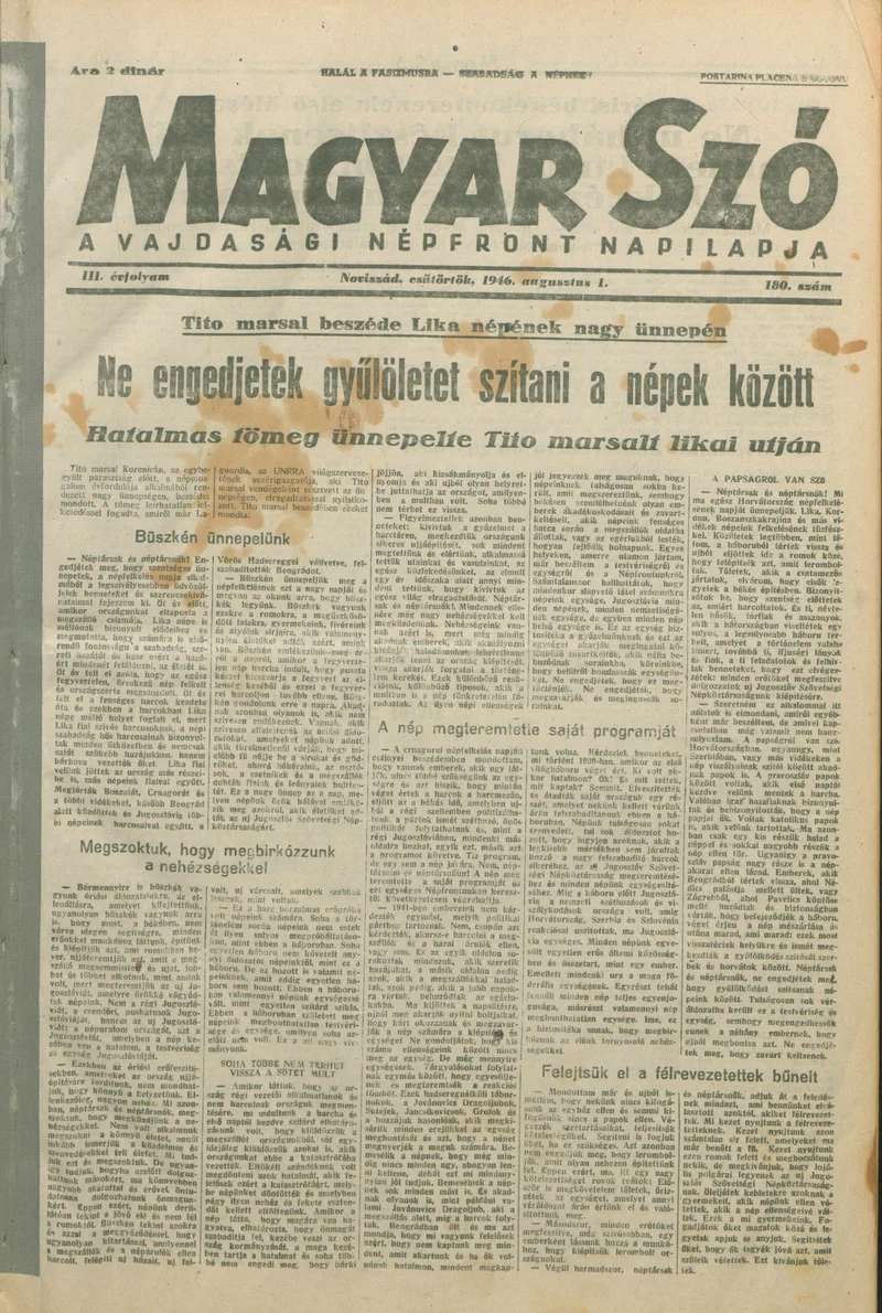 Magyar Szó, 3. évf. 1946. augusztus 1. 180. sz. 1–8. oldal