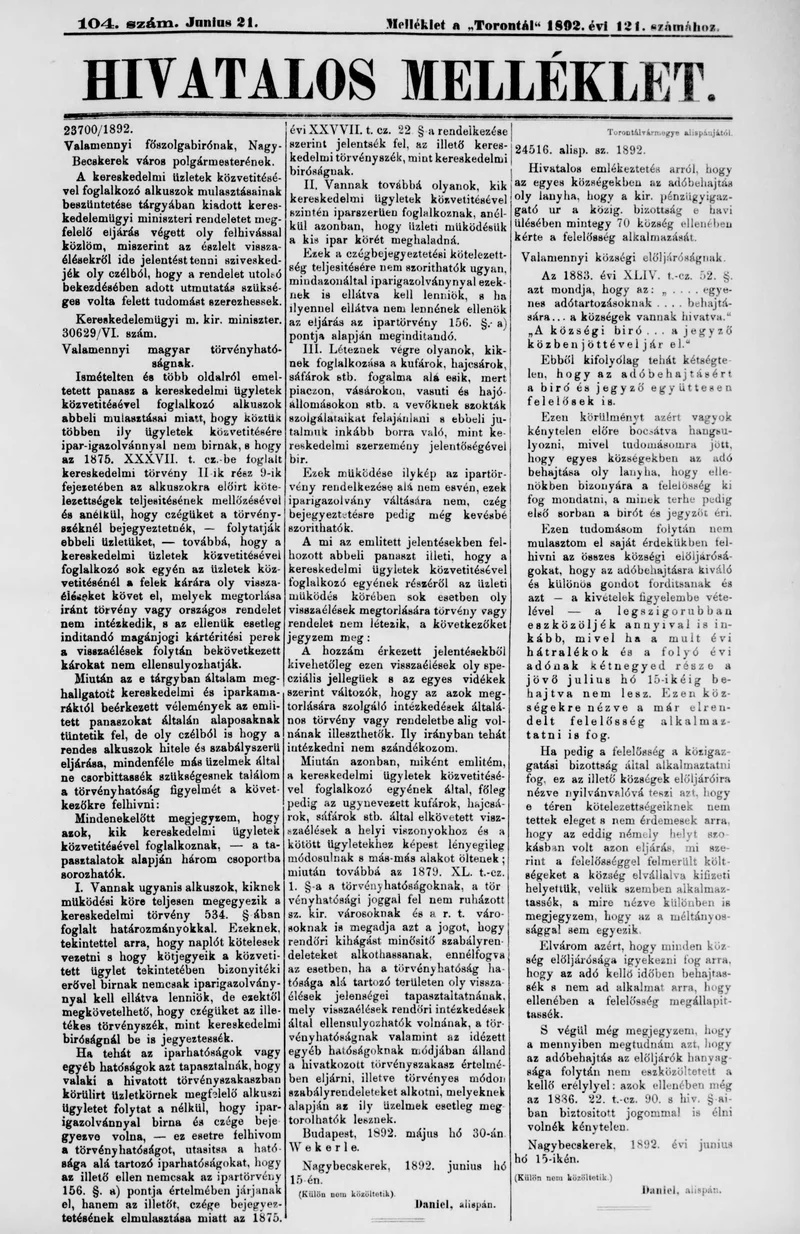 A Totontál  hivatalos melléklete, 5. évf. 1892. június 21. 104. sz.