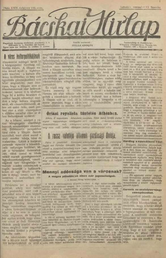 Bácskai Hirlap, 24. évf. 1920. november 13. 198. sz.