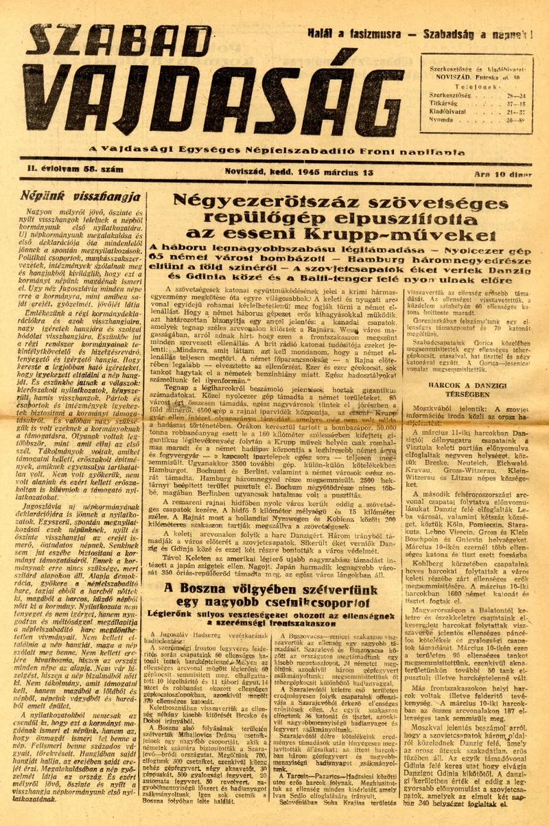 Szabad Vajdaság, 2. évf. 1945. március 13. 58. sz.