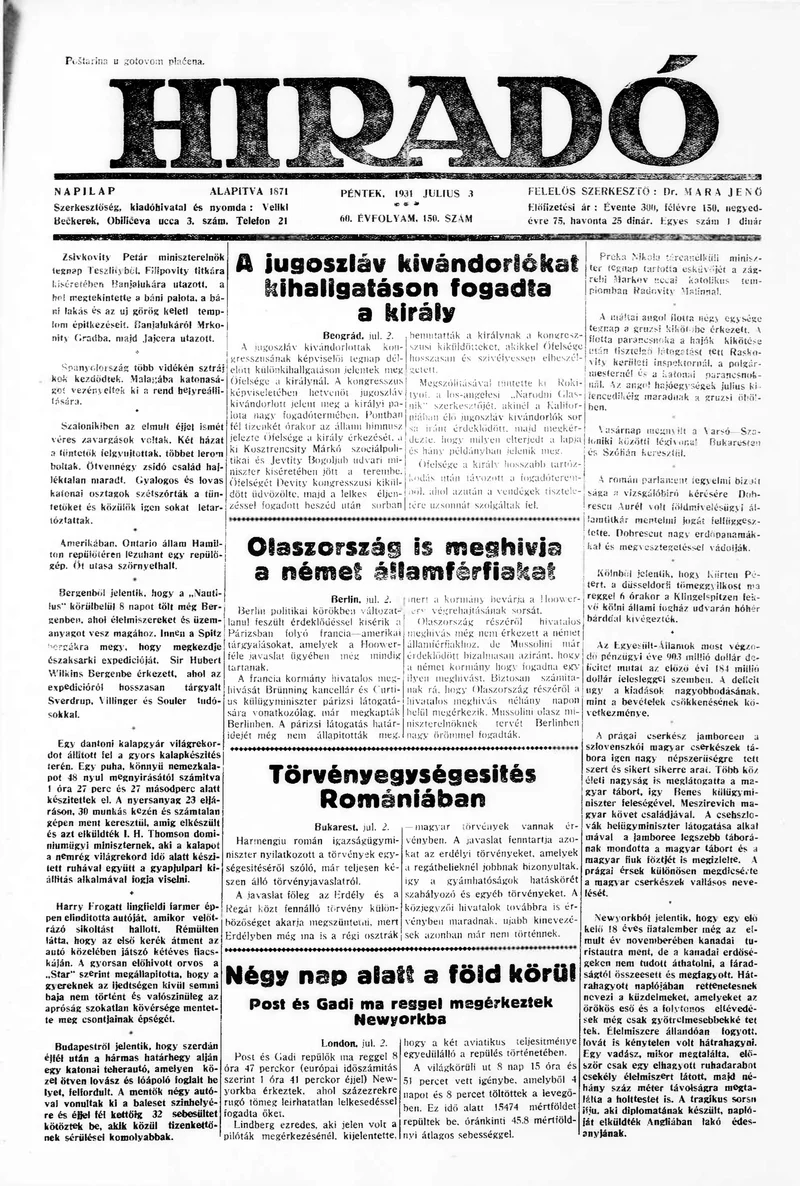 Híradó, 60. évf. 1931. július 3. 150. sz.