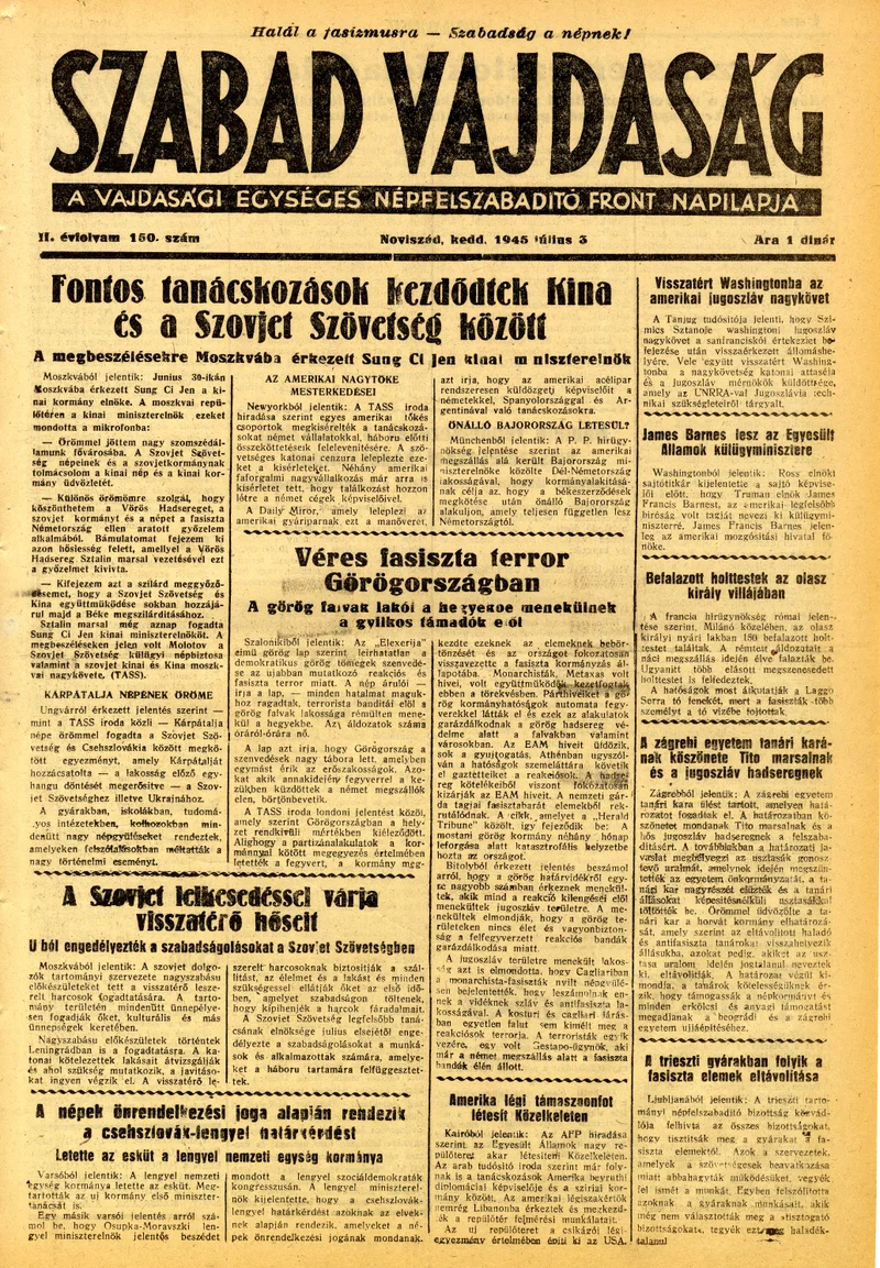 Szabad Vajdaság, 2. évf. 1945. július 3. 150. sz.