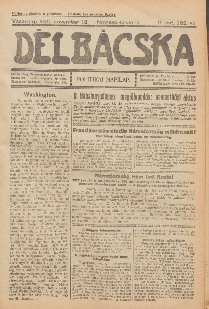 Délbácska, 2. évf. 1921. november 13. 262. sz.