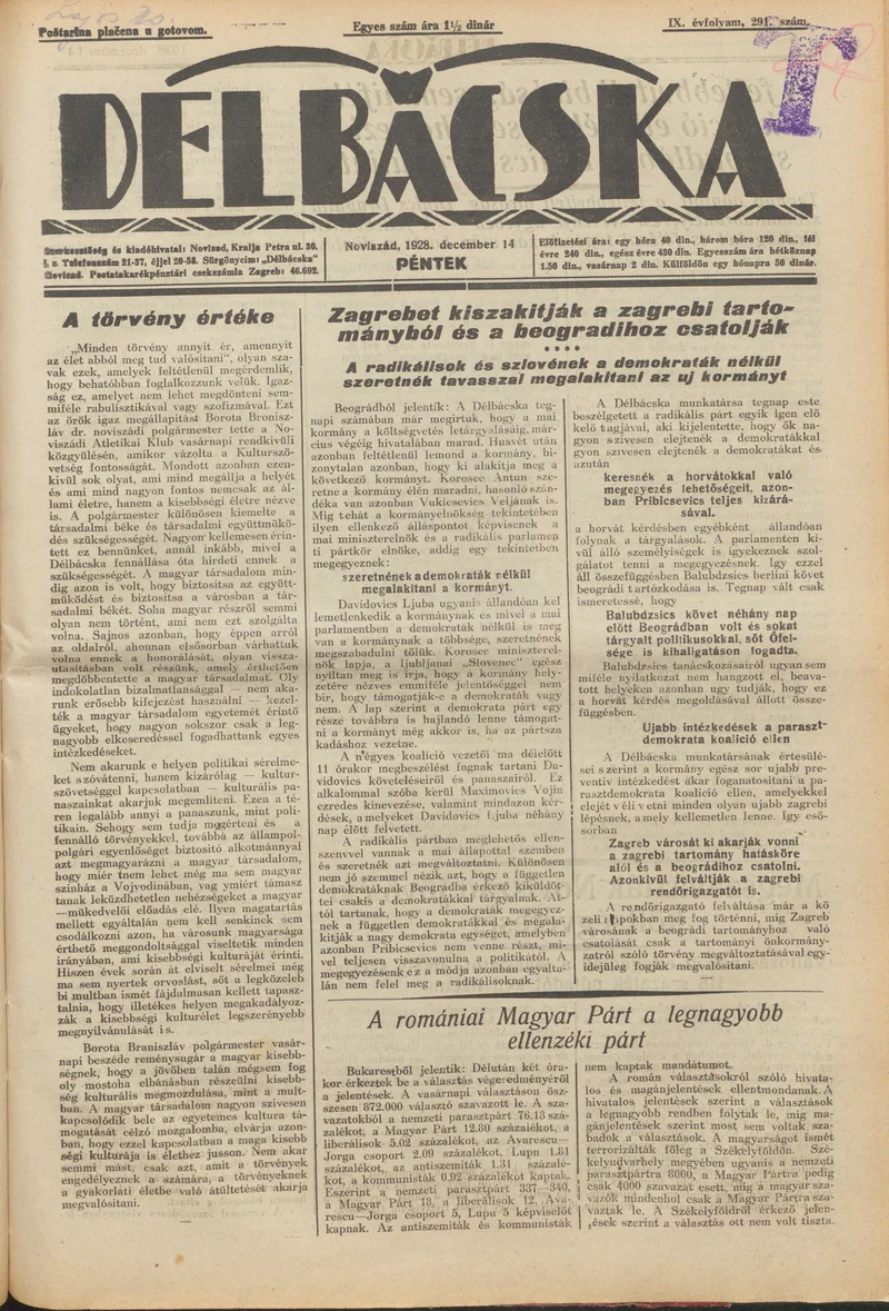 Délbácska, 9. évf. 1928. december 14. 291. sz.