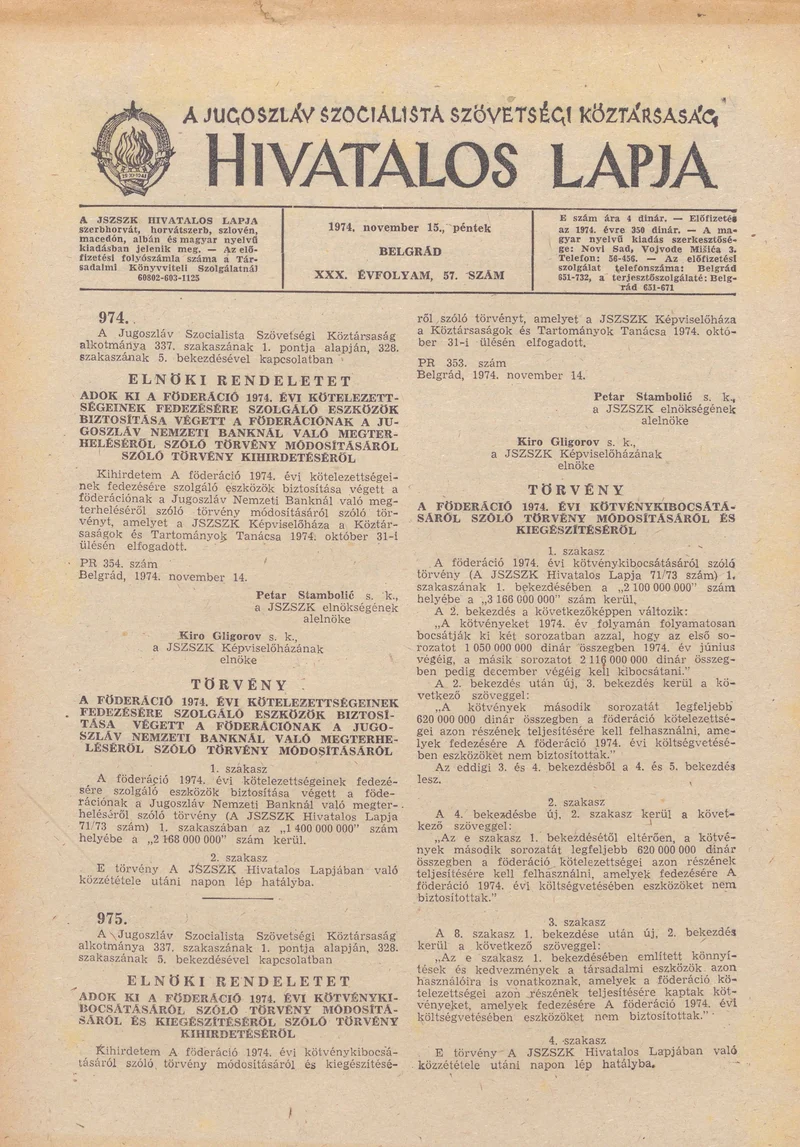 A Jugoszláv Szocialista Szövetségi Köztársaság Hivatalos Lapja, 30. évf. 1974. november 15. 57. sz. 1809–1824. oldal