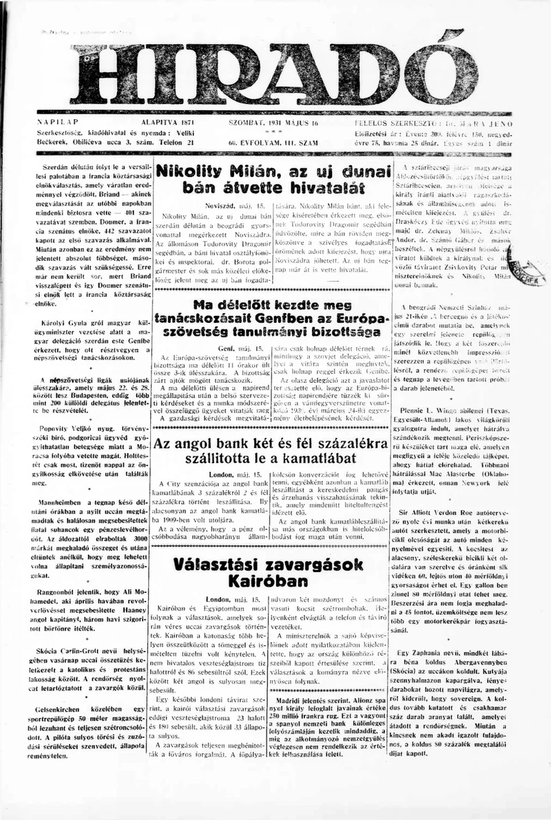 Híradó, 60. évf. 1931. május 16. 111. sz.