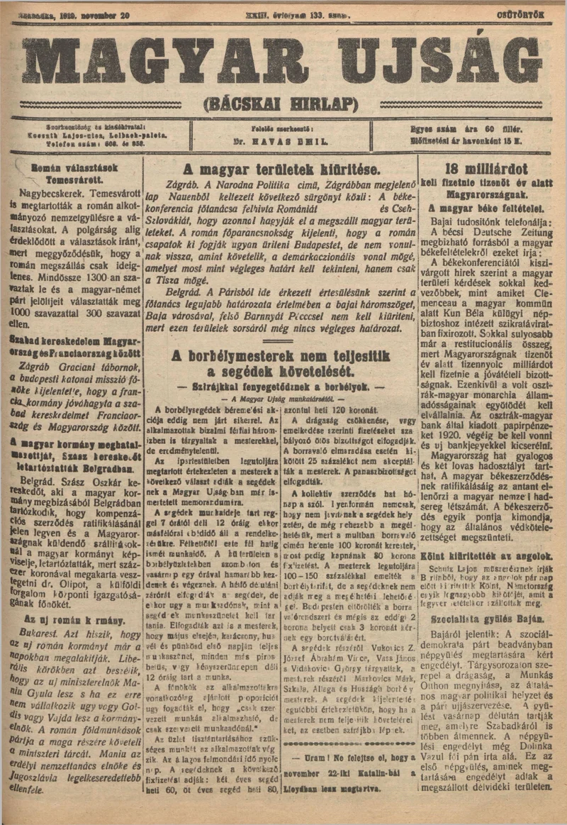 Bácskai Hirlap, 23. évf. 1919. november 20. 133. sz.