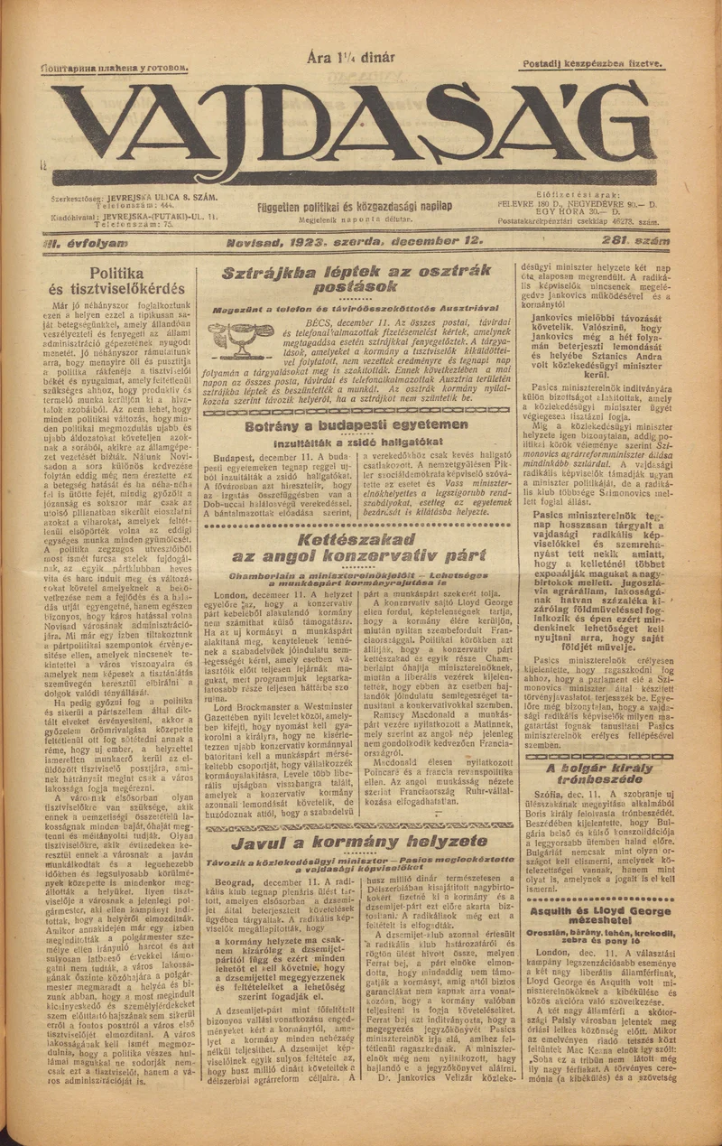 Vajdaság, 3. évf. 1923. december 12. 281. sz.