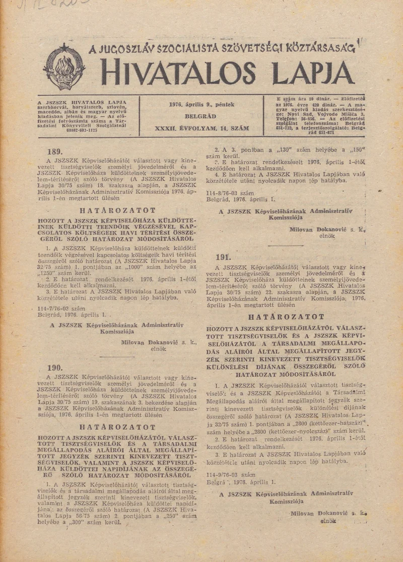 A Jugoszláv Szocialista Szövetségi Köztársaság Hivatalos Lapja, 32. évf. 1976. április 9. 14. sz. 361–384. oldal