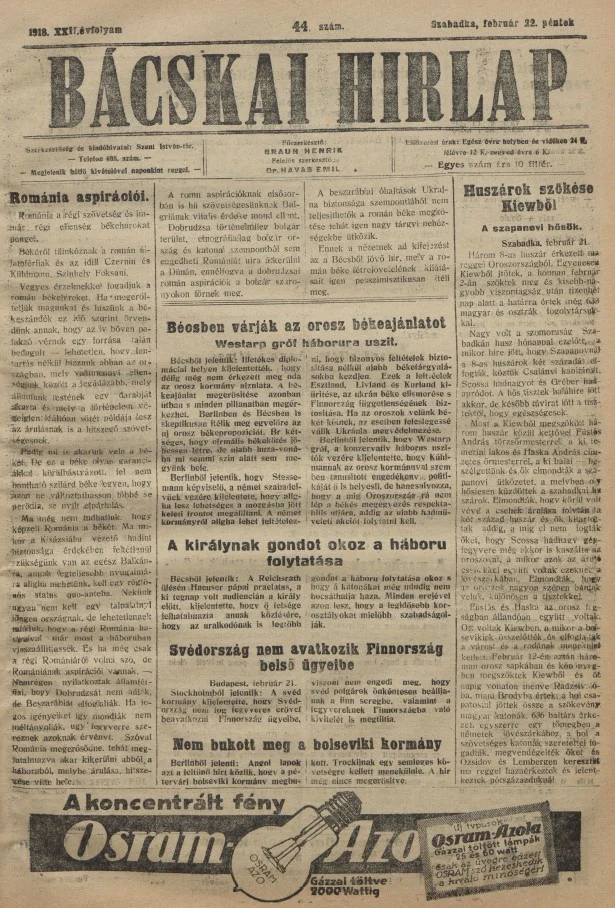 Bácskai Hirlap, 22. évf. 1918. február 22. 44. sz.