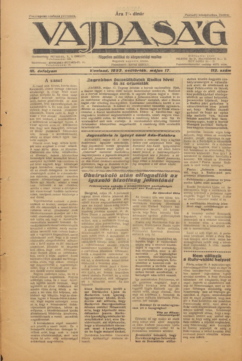 Vajdaság, 3. évf. 1923. május 17. 112. sz.