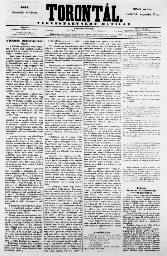 Torontál, 3. évf. 1874. augusztus 6. 32. sz.