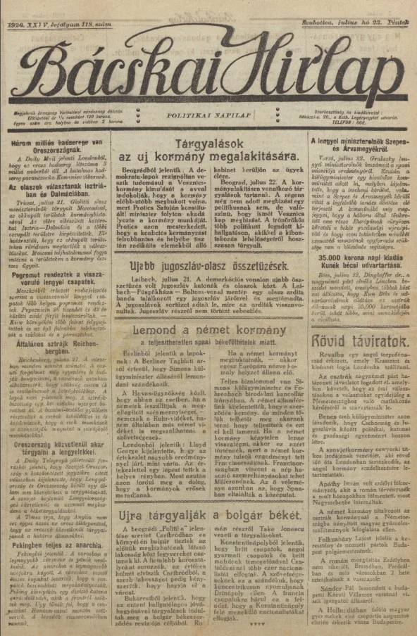 Bácskai Hirlap, 24. évf. 1920. július 23. 118. sz.