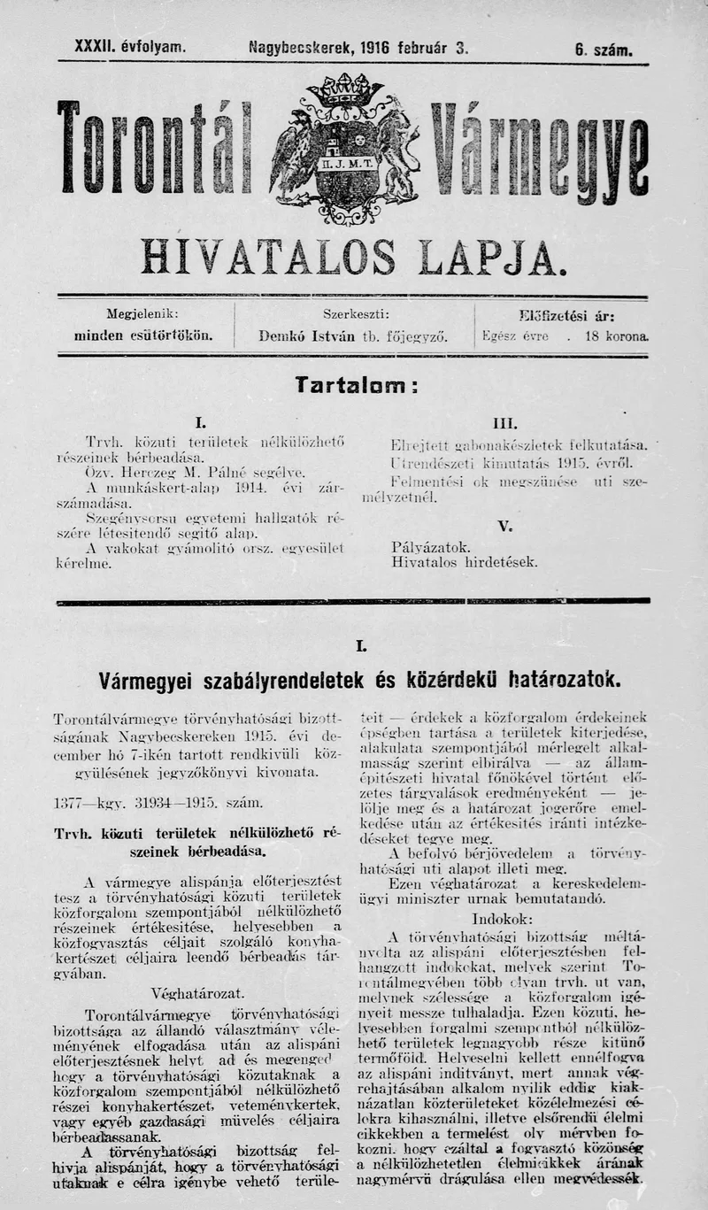 Torontál Vármegye Hivatalos Lapja, 32. évf. 1916. február 3. 6. sz.