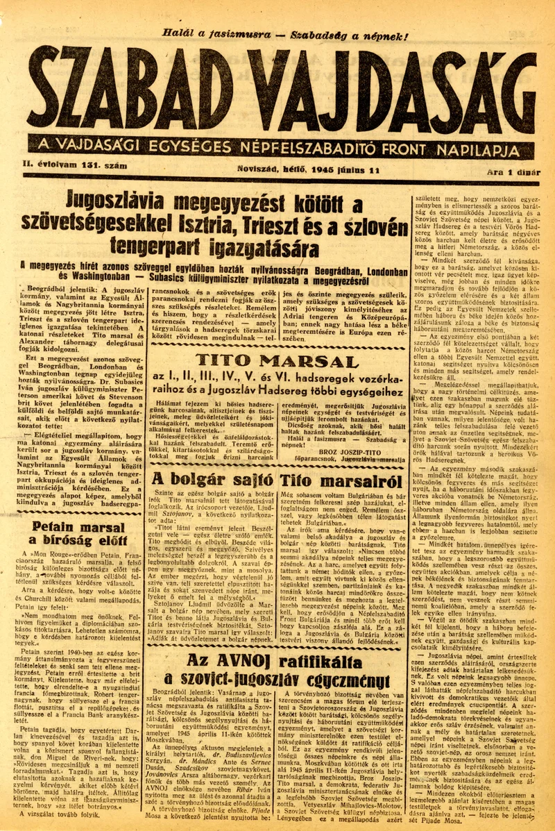 Szabad Vajdaság, 2. évf. 1945. június 11. 131. sz.