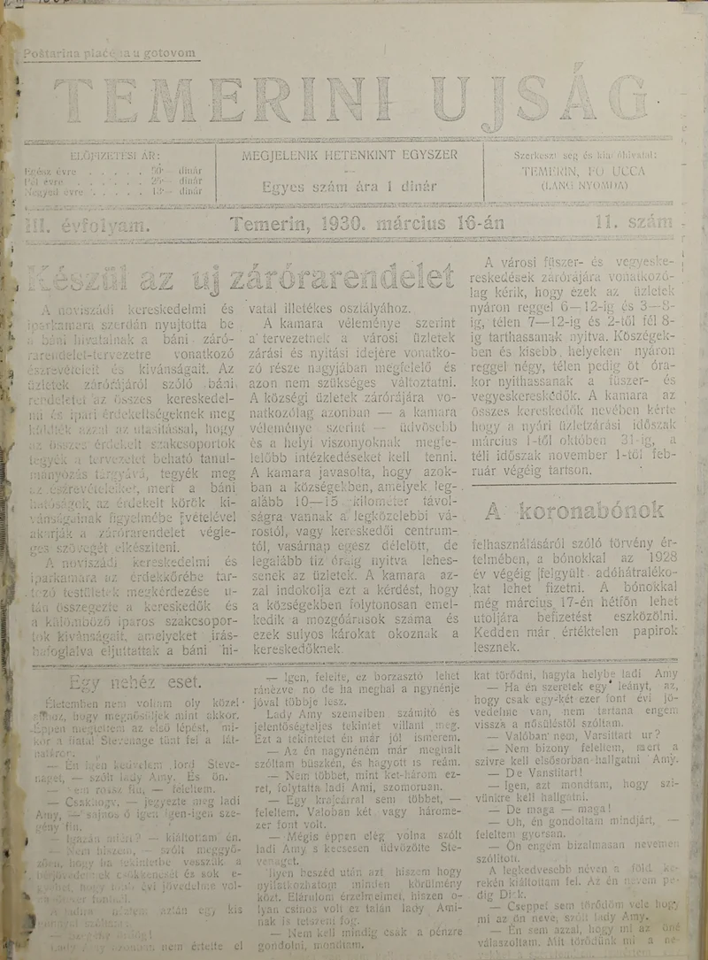 Temerini Újság 1928-1944, 3. évf. 1930. március 16. 11. sz.