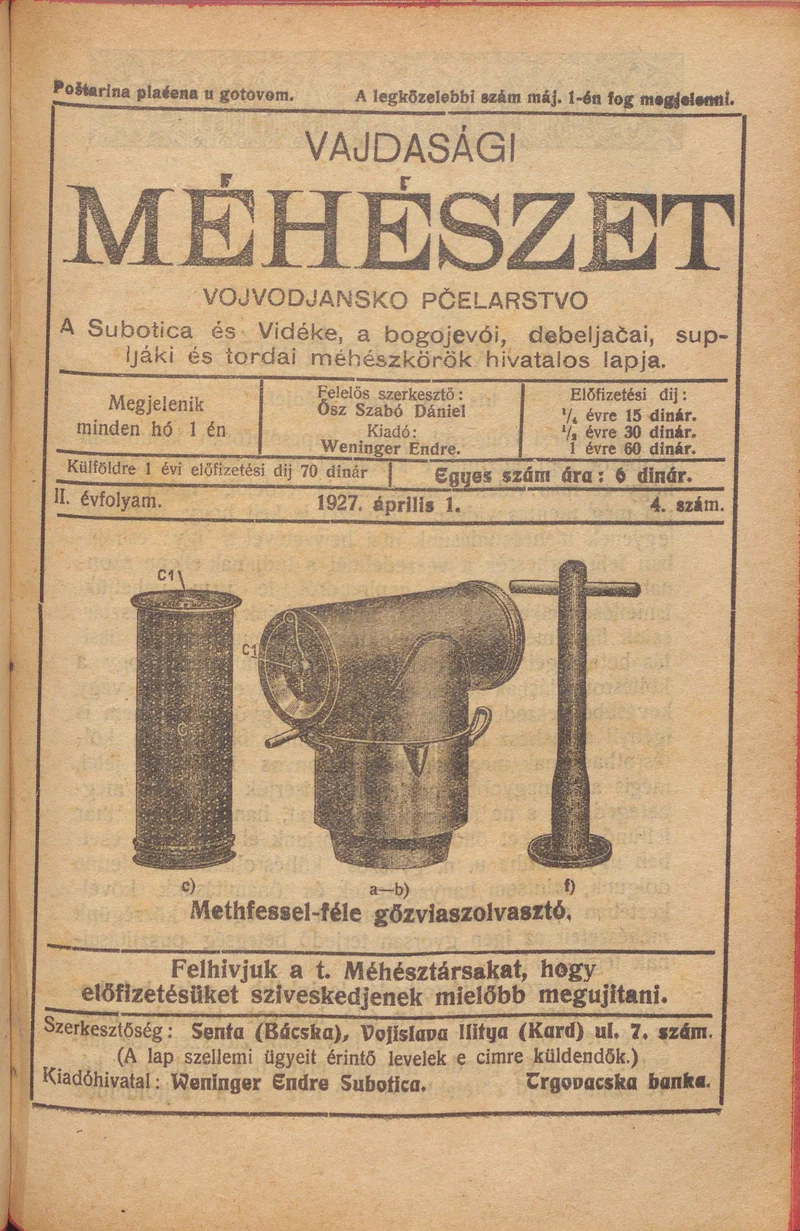 Vajdasági méhészet, 2. évf. 1927. április 1. 4. sz.