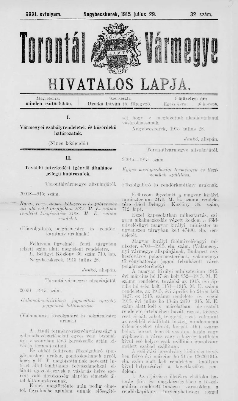 Torontál Vármegye Hivatalos Lapja, 31. évf. 1915. július 29. 32. sz.