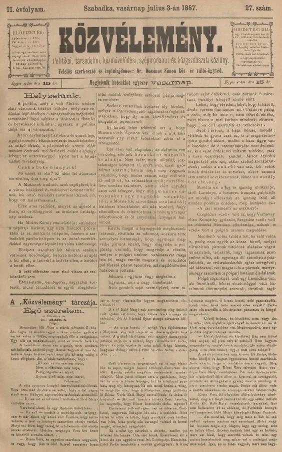 Közvélemény, 2. évf. 1887. július 3. 27. sz.