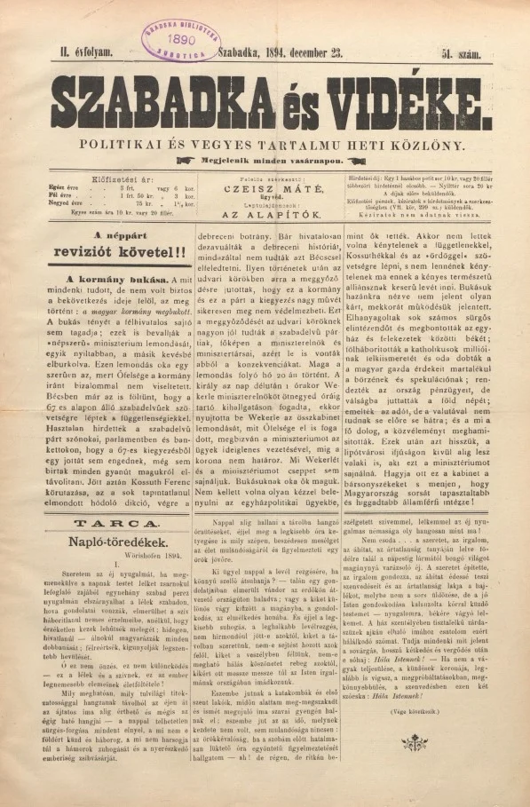 Szabadka és vidéke II, 2. évf. 1894. december 23. 51. sz.