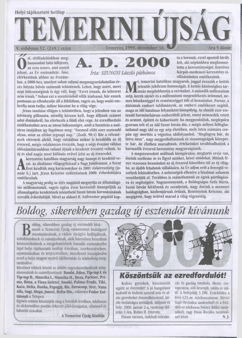 Temerini Újság, 5. évf. 1999. december 30. 52. sz.