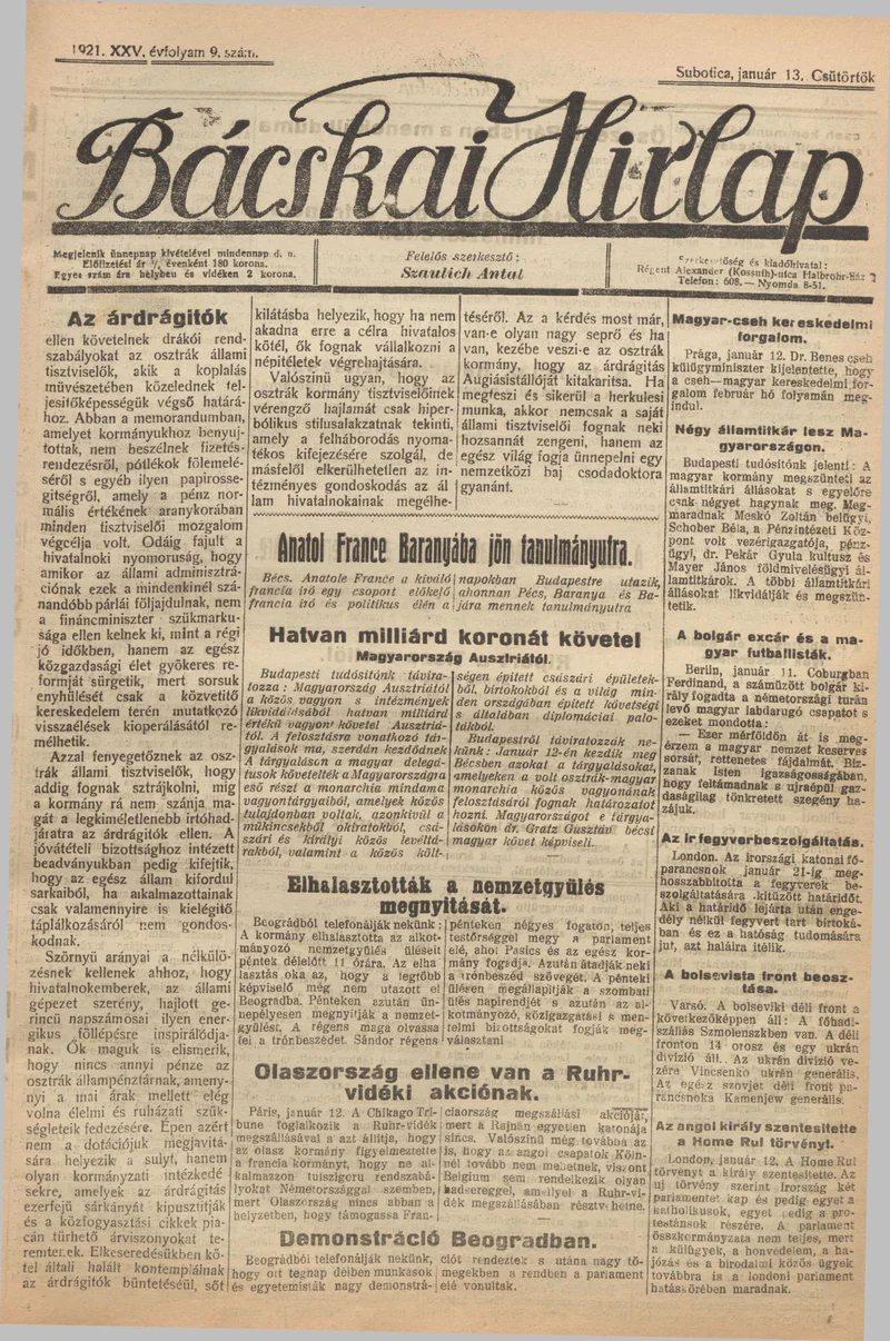 Bácskai Hirlap, 25. évf. 1921. június 13. 9. sz.