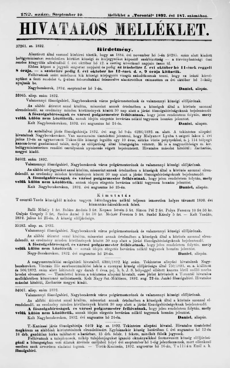 A Totontál  hivatalos melléklete, 5. évf. 1892. szeptember 10. 152. sz.
