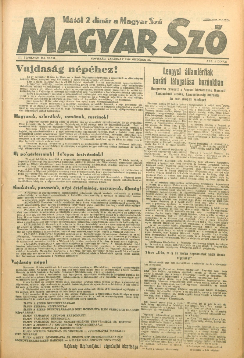 Magyar Szó, 3. évf. 1946. október 20. 250. sz.
