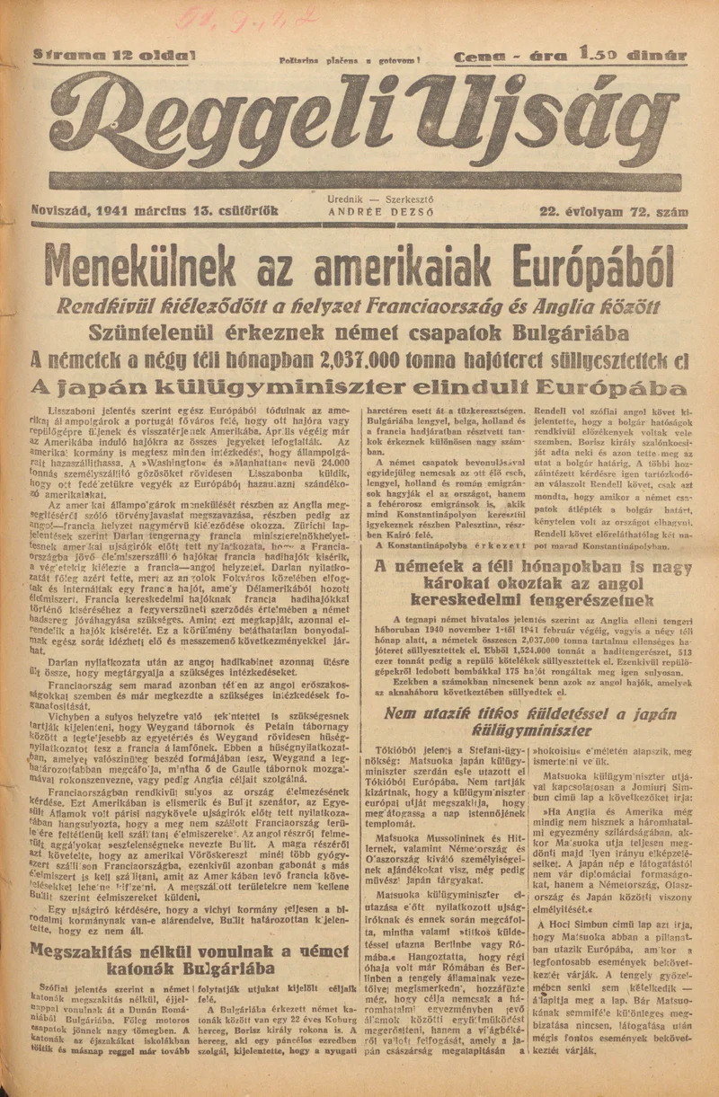 Reggeli Újság, 22. évf. 1941. március 13. 72. sz.