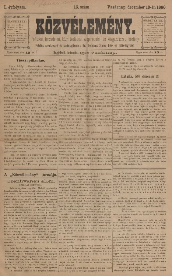 Közvélemény, 1. évf. 1886. december 19. 16. sz.