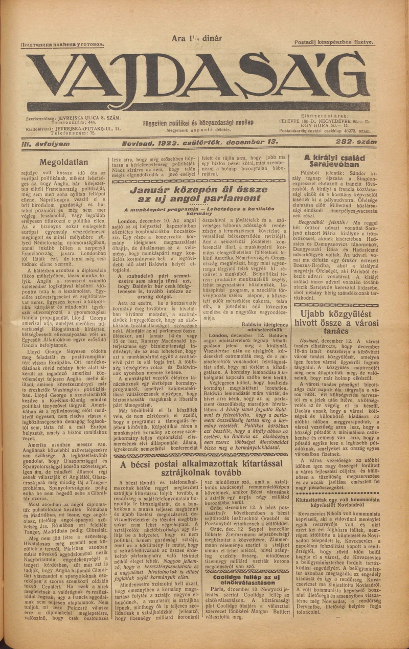 Vajdaság, 3. évf. 1923. december 13. 282. sz.