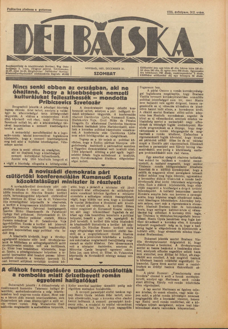 Délbácska, 8. évf. 1927. december 31. 302. sz.
