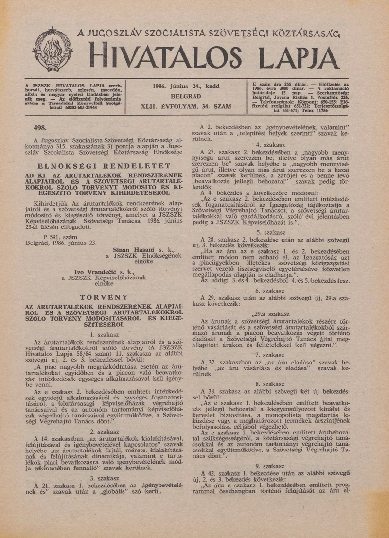 A Jugoszláv Szocialista Szövetségi Köztársaság Hivatalos Lapja, 42. évf. 1986. június 24. 34. sz. 1033–1060. oldal