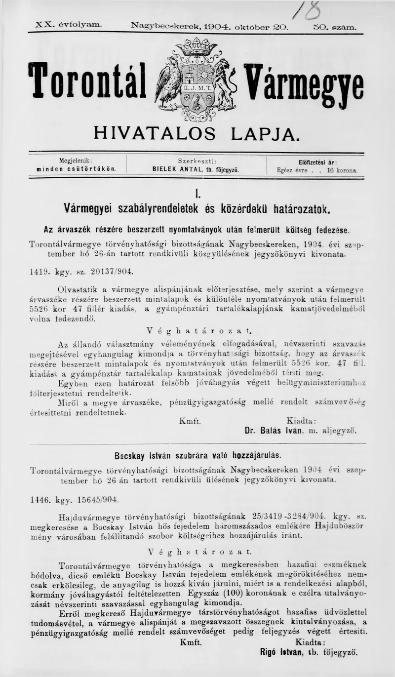 Torontál Vármegye Hivatalos Lapja, 20. évf. 1904. október 20. 50. sz.