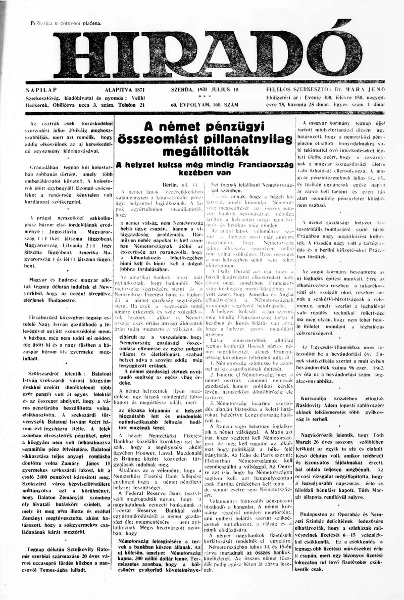 Híradó, 60. évf. 1931. július 15. 160. sz.