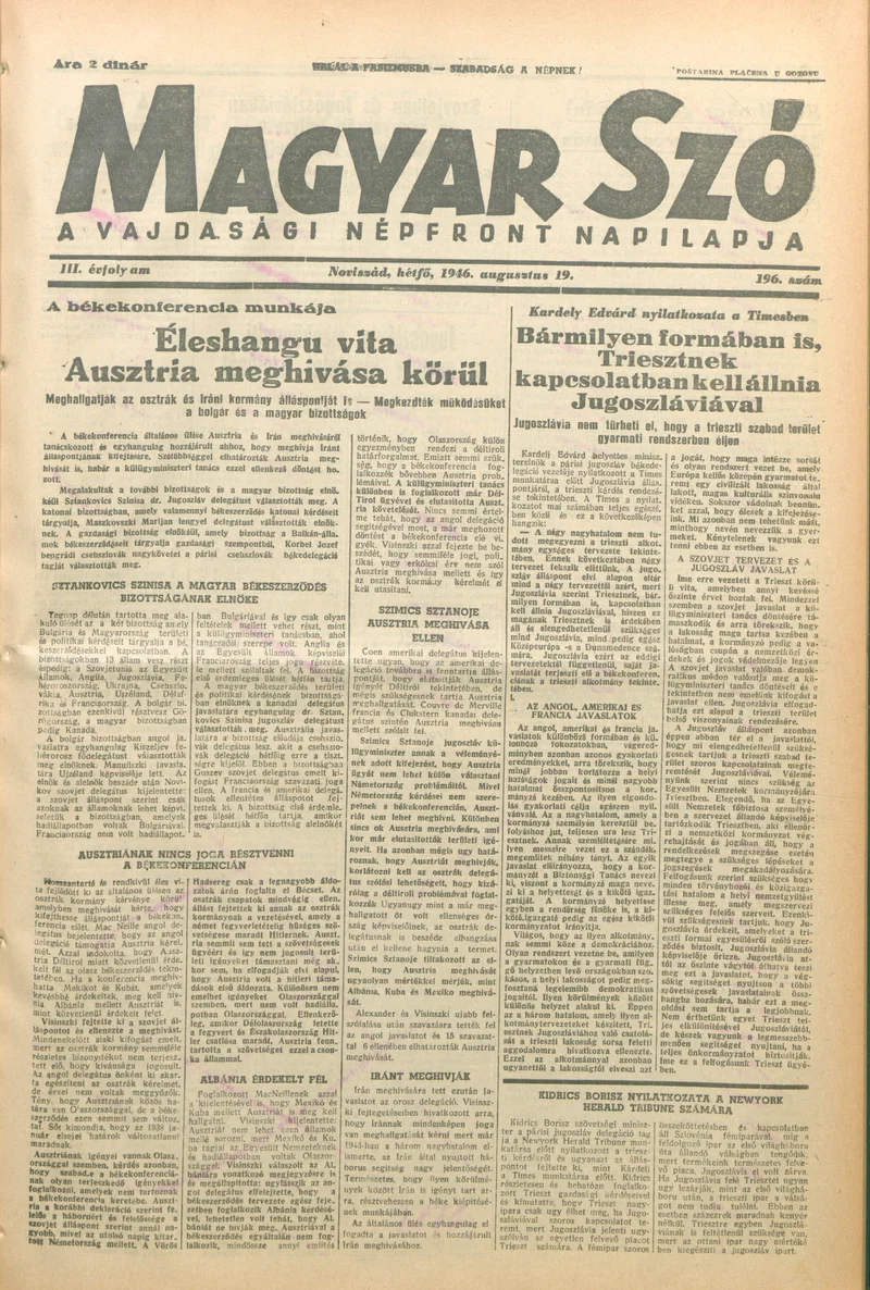 Magyar Szó, 3. évf. 1946. augusztus 19. 196. sz. 1–4. oldal