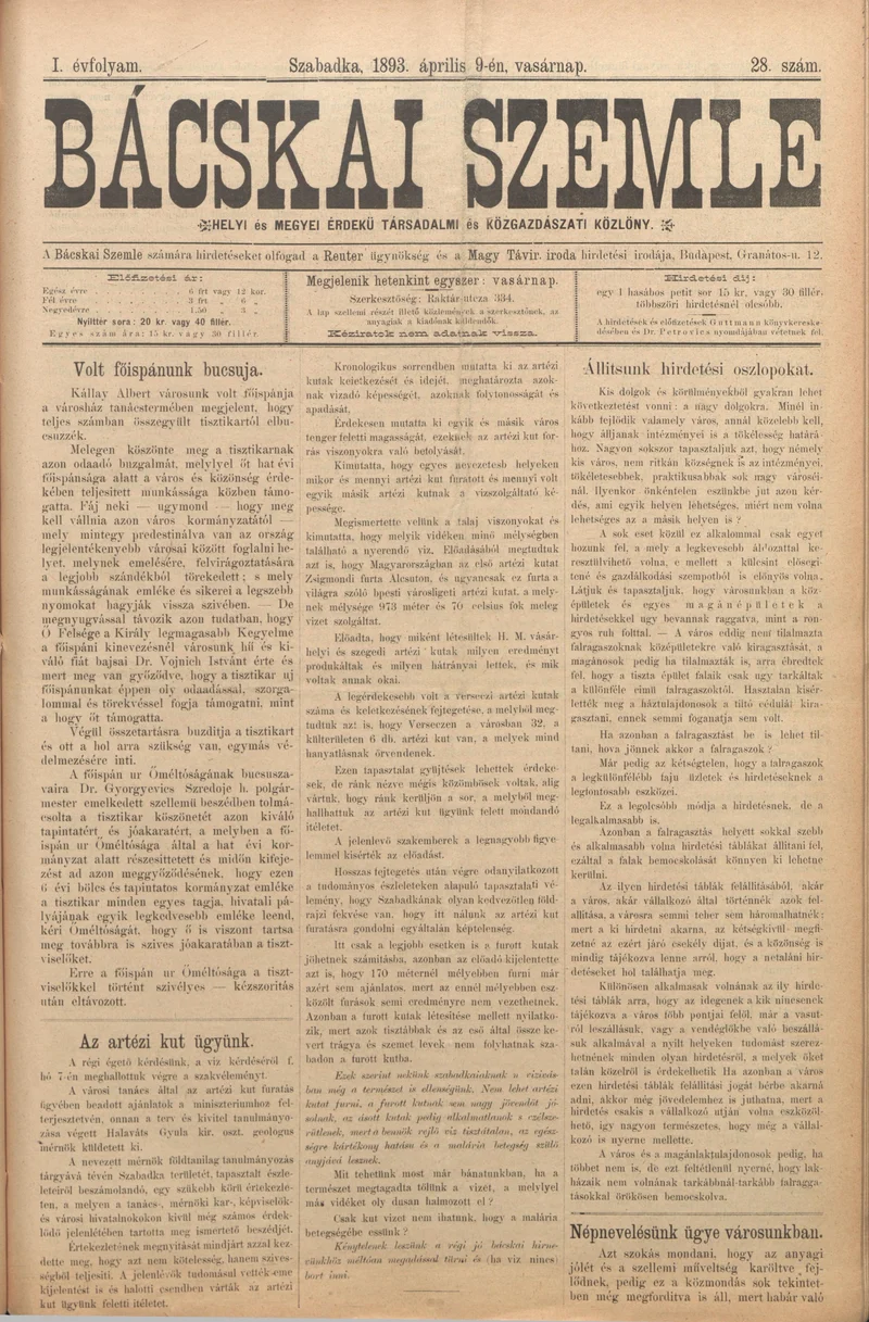 Bácskai Szemle, 1. évf. 1893. április 9. 28. sz.