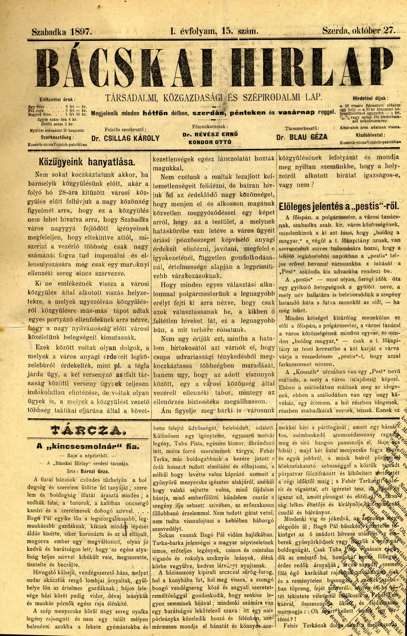 Bácskai Hirlap, 1. évf. 1897. október 27. 15. sz. 1–4. oldal